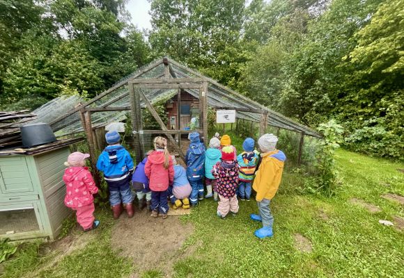 Kinder stehen vor Gewächshaus