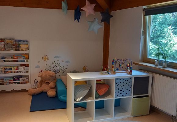 Innenraum mit Bücherregal und Kuschelecke