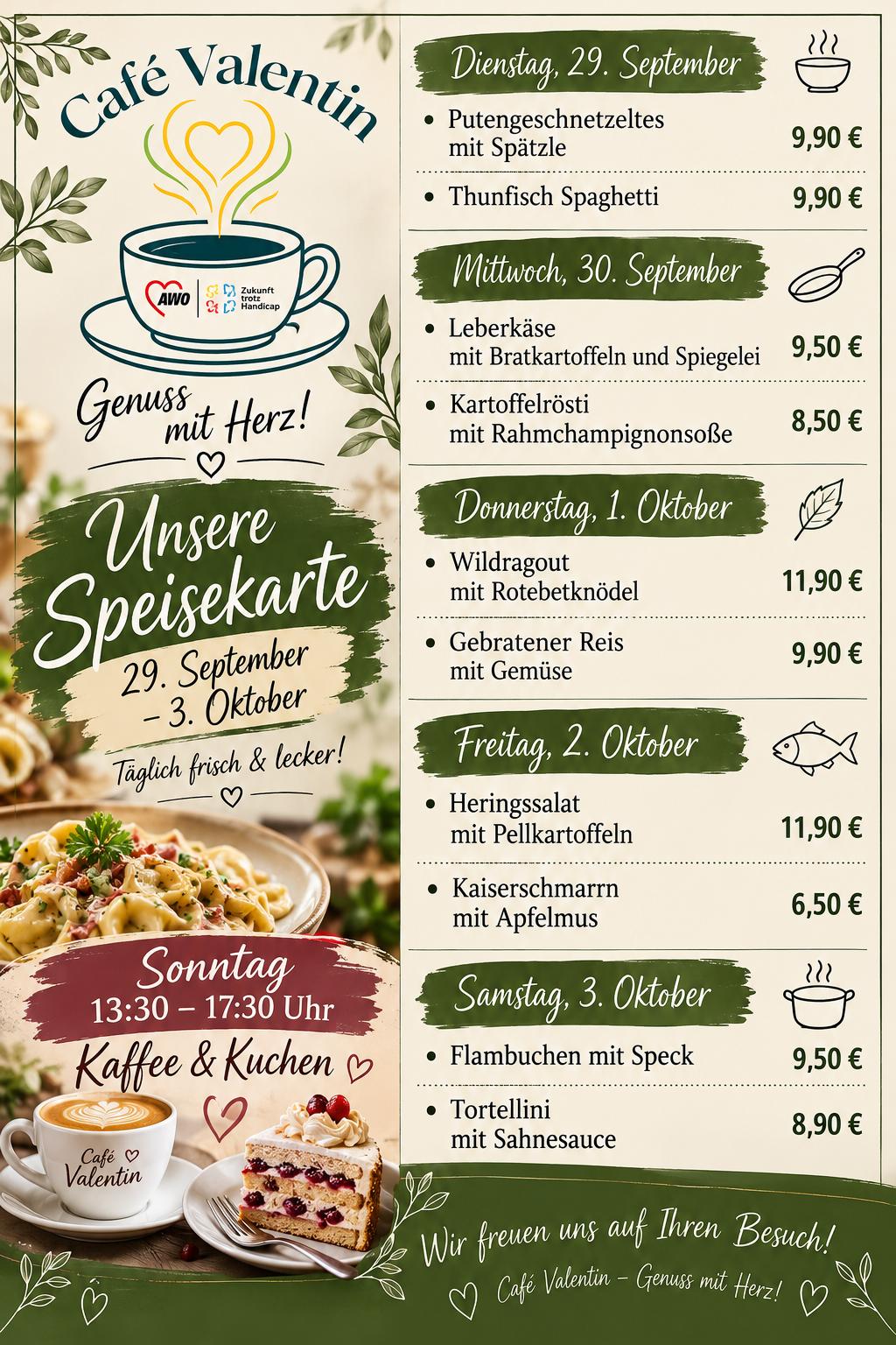 Speisekarte Valentin ab 8. September