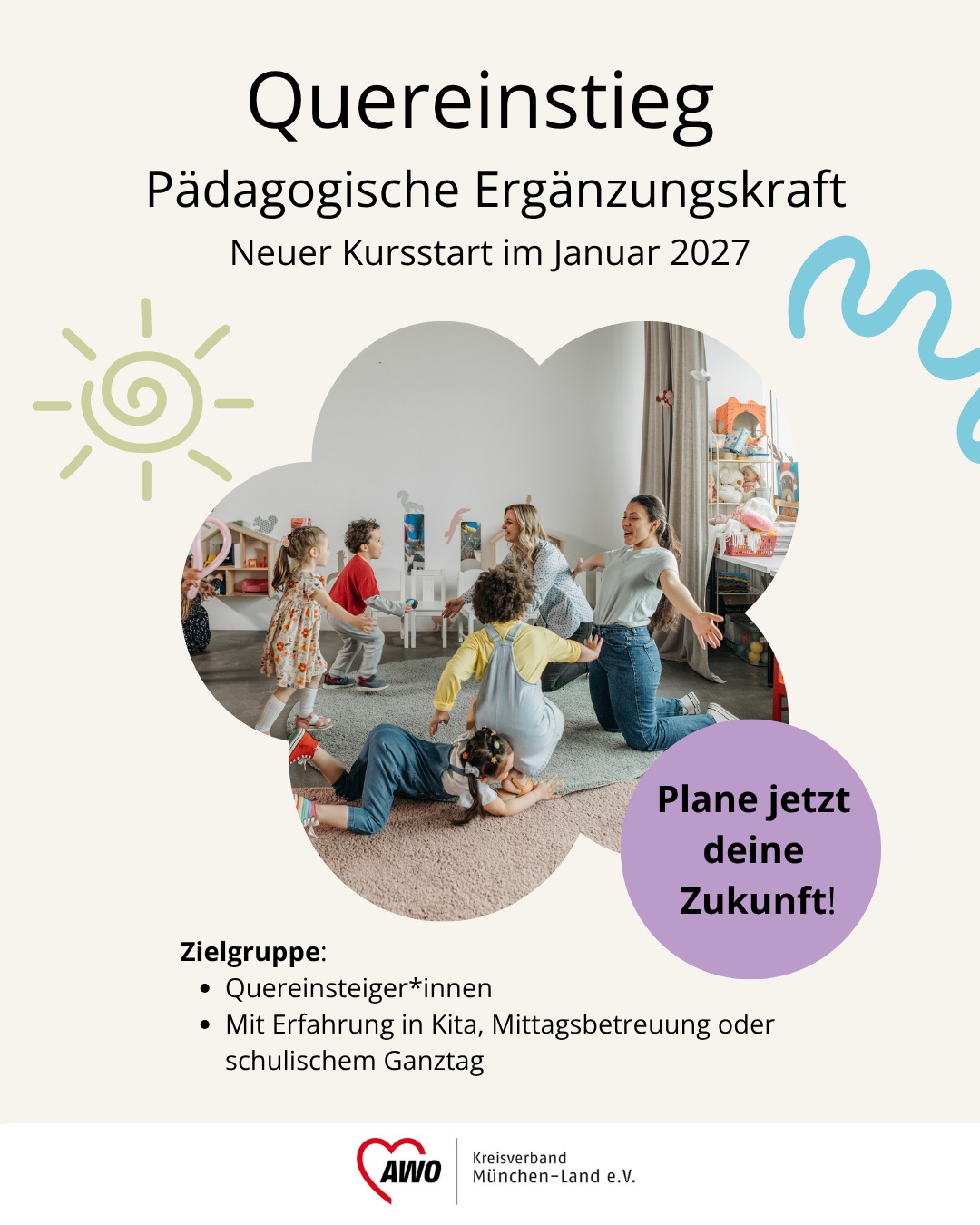 Ankündigung mit Bild von Kindern mit Erzieherin: Quereinstieg Pädagogische Ergänzungskraft