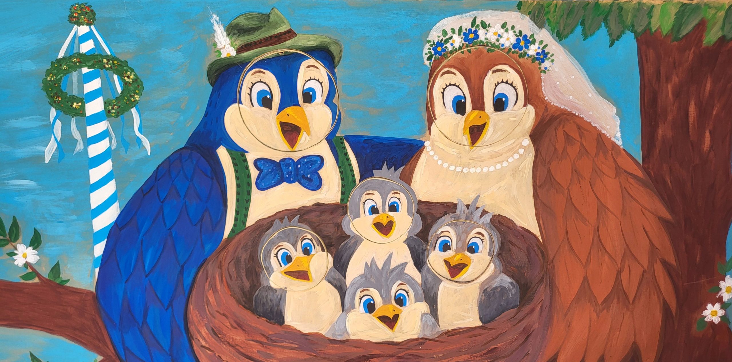 Zeichnung Gänsefamilie und Maibaum