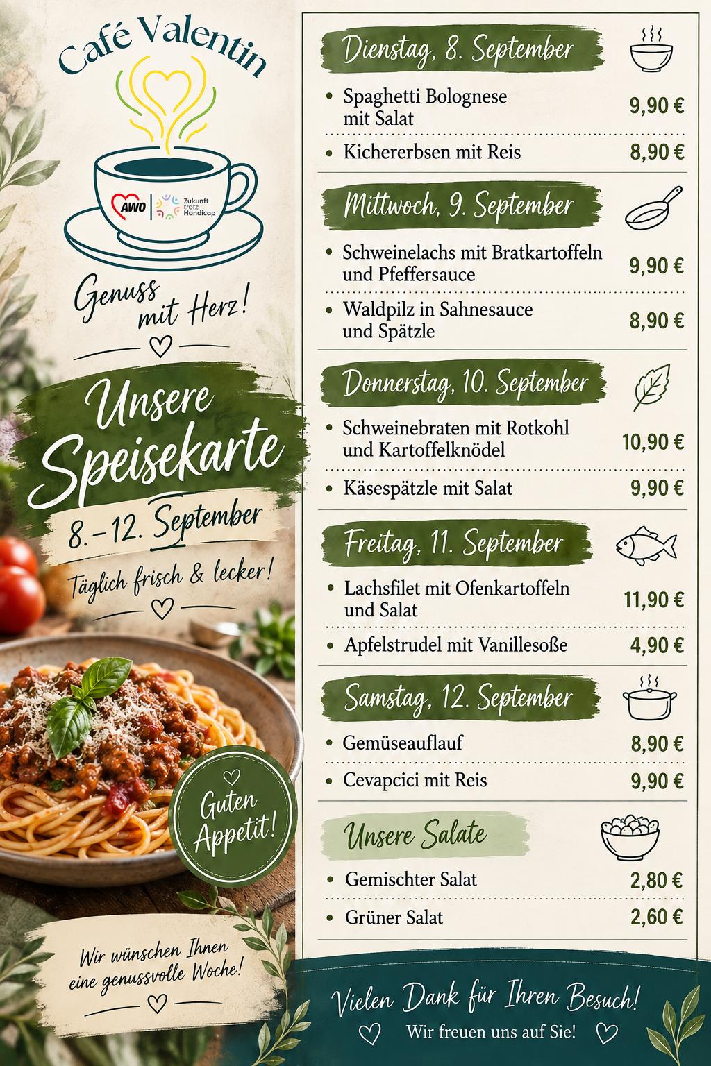 Speisekarte Valentin ab 8. September