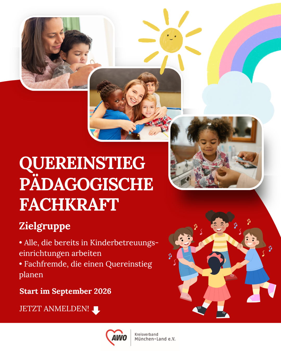 Ankündigungsbild Weiterbildung Pädagogische Fachkraft Bilder mit Erzieherinnen und Kindern