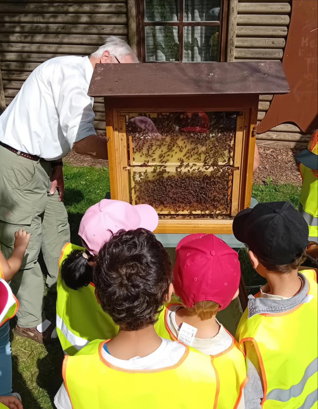 Kinder vor Bienenhaus