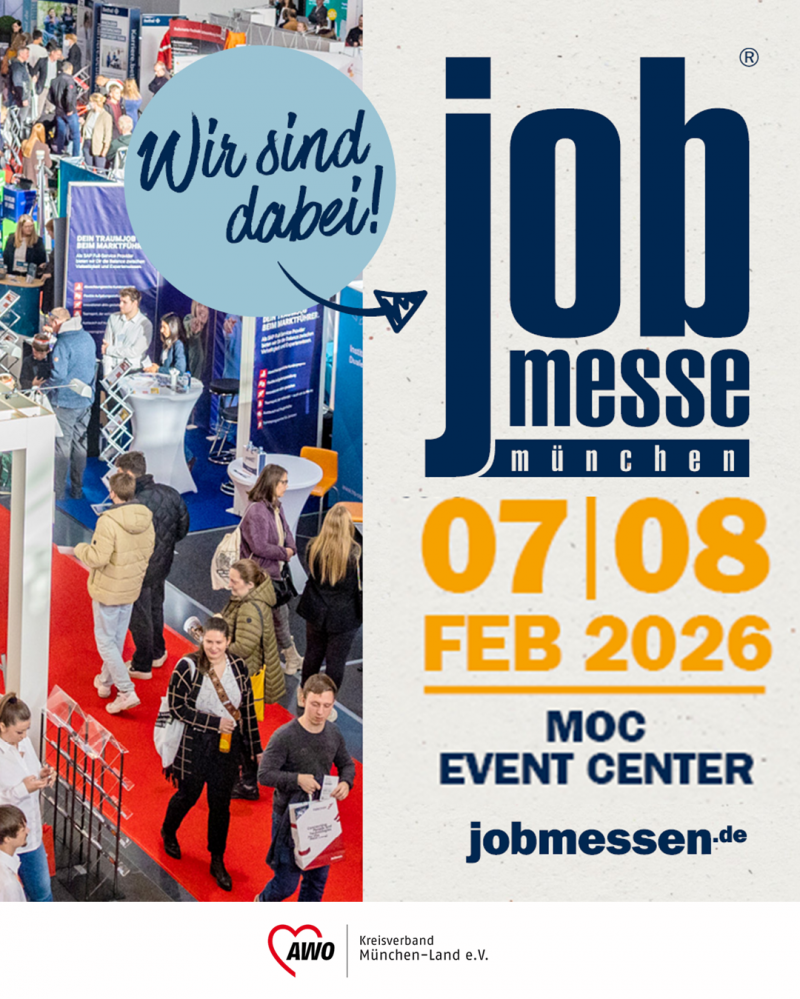 Ankündigung jobmesse und Bild von Besucher*innen
