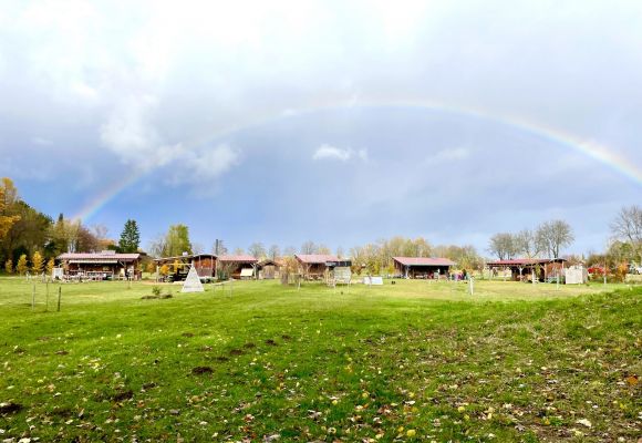 Gelände mit Regenbogen darüber