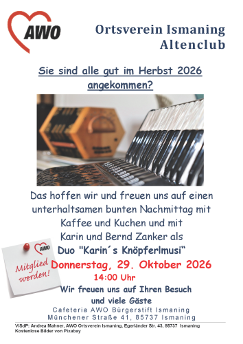 Altenclub im Oktober: Bunter Nachmittag mit „Karin’s Knöpferlmusi“